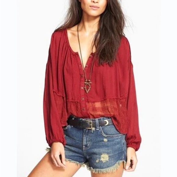 Free People Cranberry Crochet Lace Raw Edge Swing Blouse Top - Picture 3 of 11